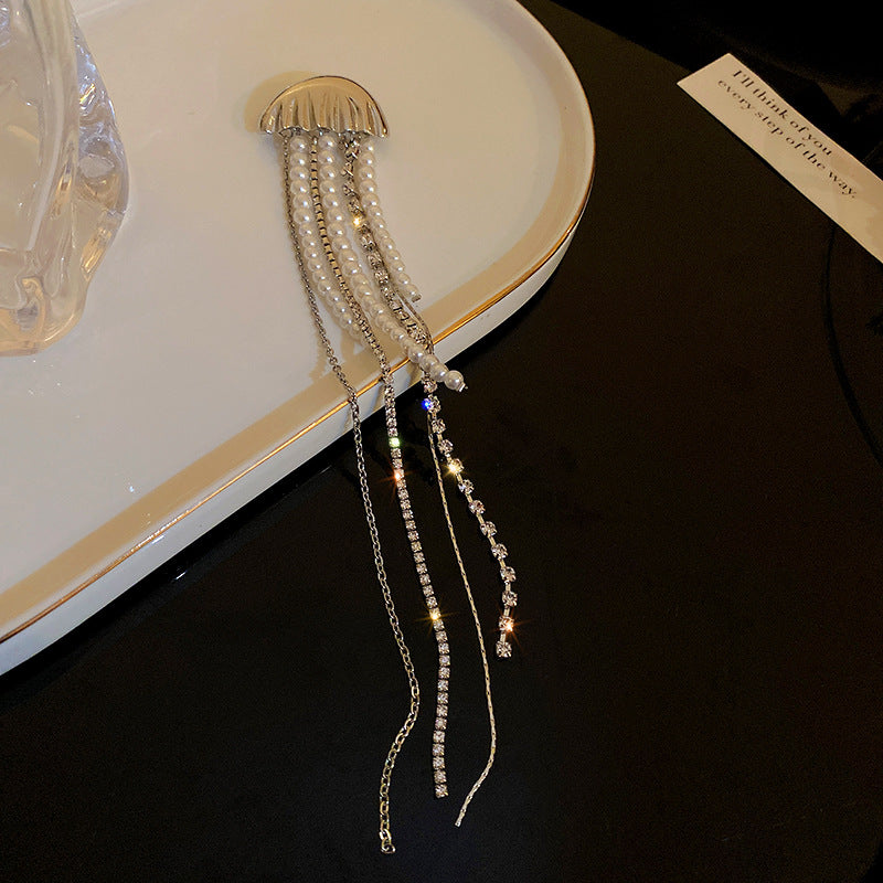 Korean Pearl Tassel Brooch Crystal Jellyfish Pin Fashion Jewelry Wholesale (5 pcs)