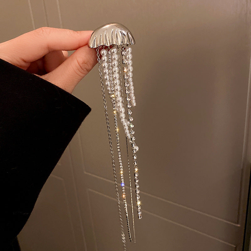 Korean Pearl Tassel Brooch Crystal Jellyfish Pin Fashion Jewelry Wholesale (5 pcs)