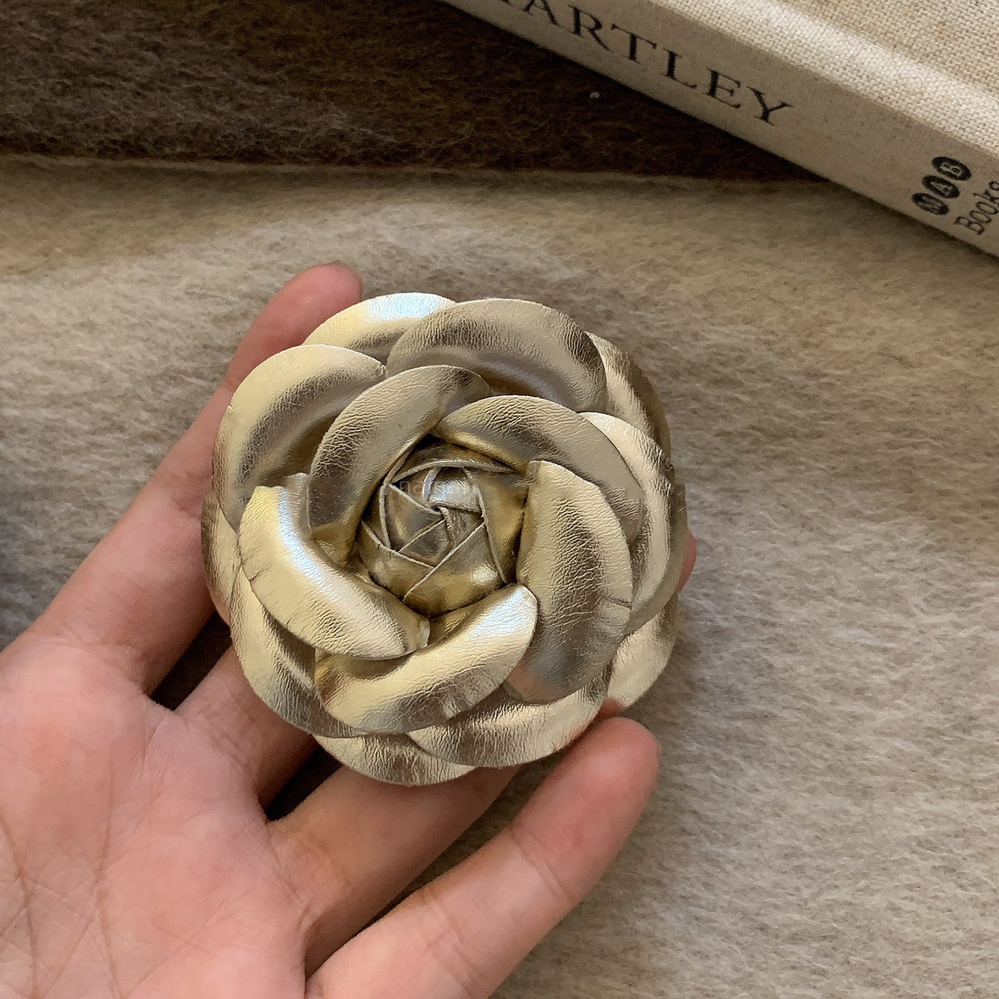 Gold leather flower brooch handmade vintage jewelry accessory