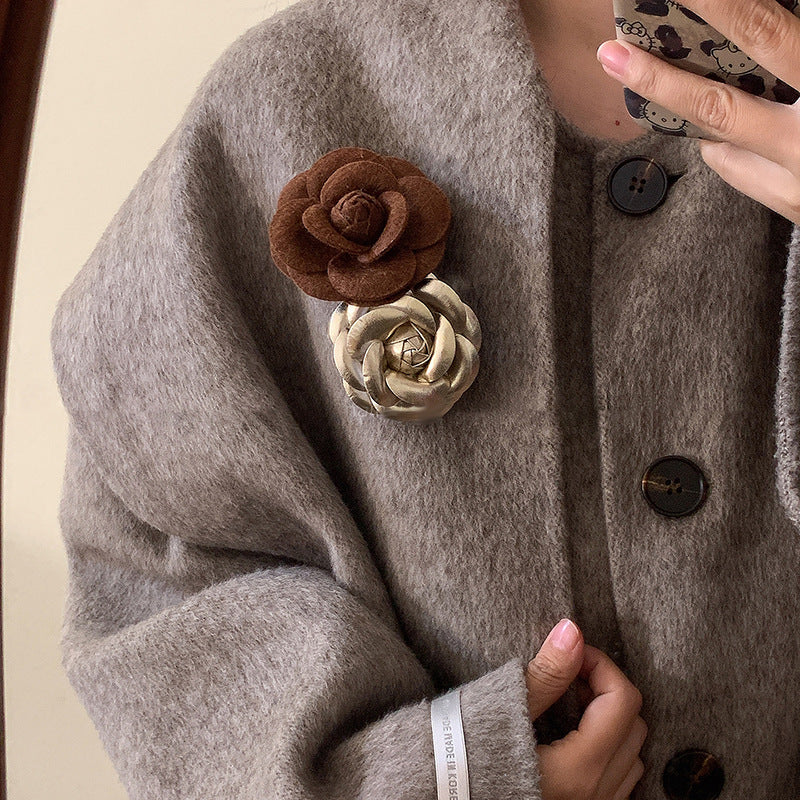 Leather flower brooch set gold and coffee brown colors fashion jewelry wholesale