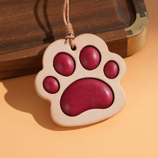 wine red leather paw keychain – cute bag accessory and mirror hanging charm for animal lovers