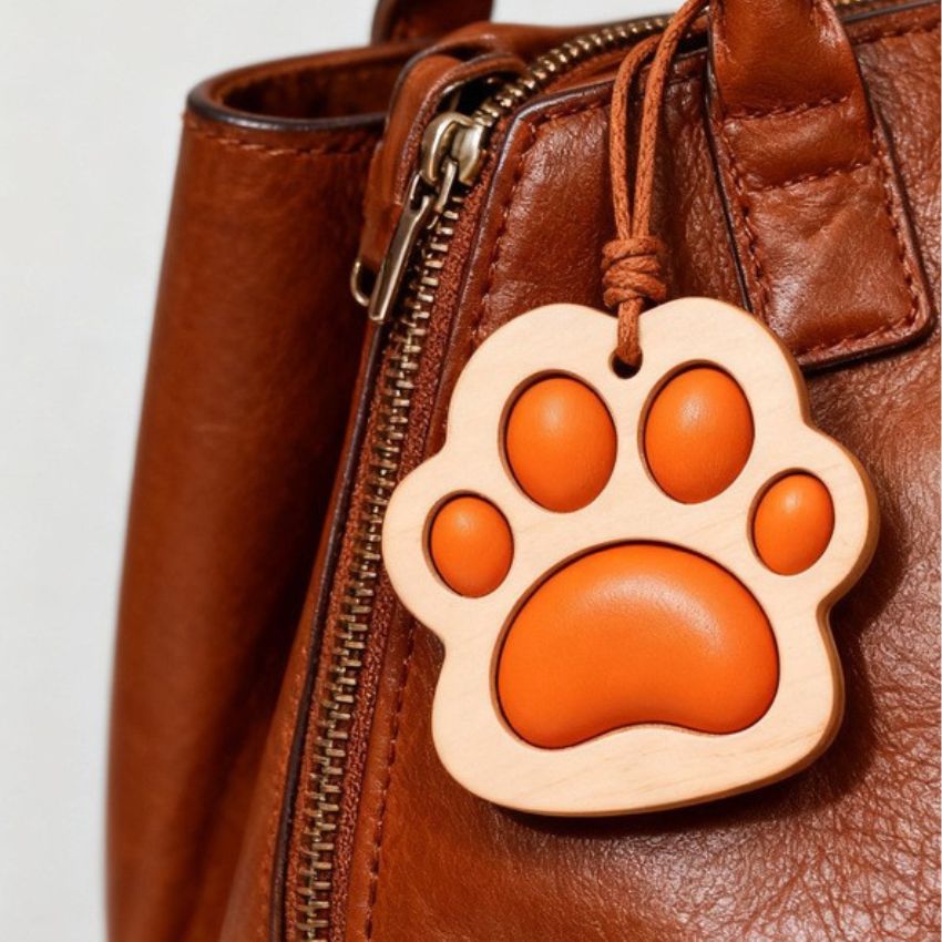 orange cat claw keychain on brown leather bag – cute leather bag charm gift for best friend