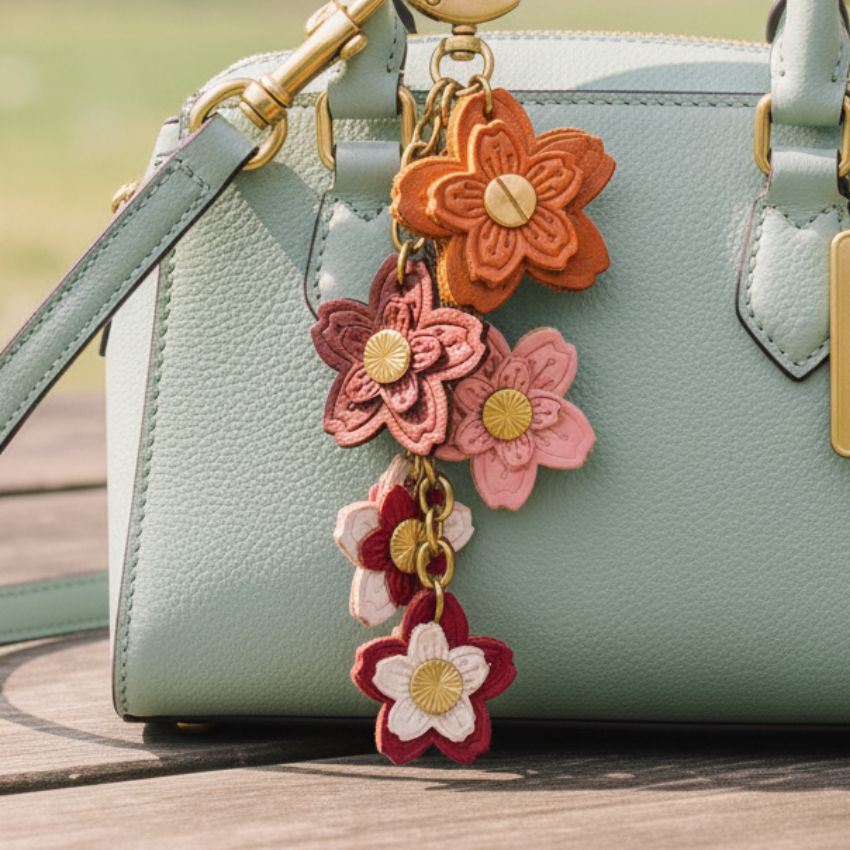 Sakura Design Leather Flower Keychain Attached to Handbag – Cute Bag Accessories for Women