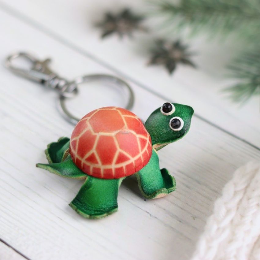 Orange shell mini leather turtle keychain with metal keyring