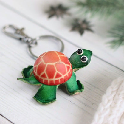 Orange shell mini leather turtle keychain with metal keyring