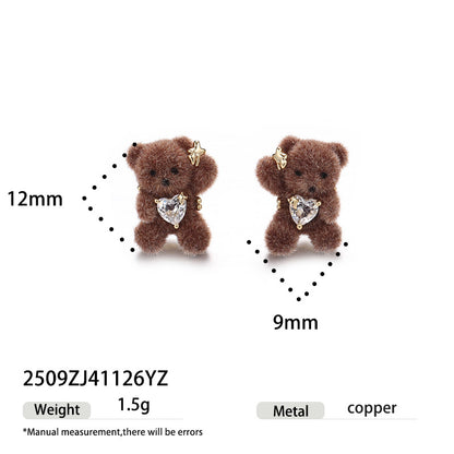 Wholesale 5 Pairs Brass Flocked Teddy Bear Heart Earrings Zircon Jewelry