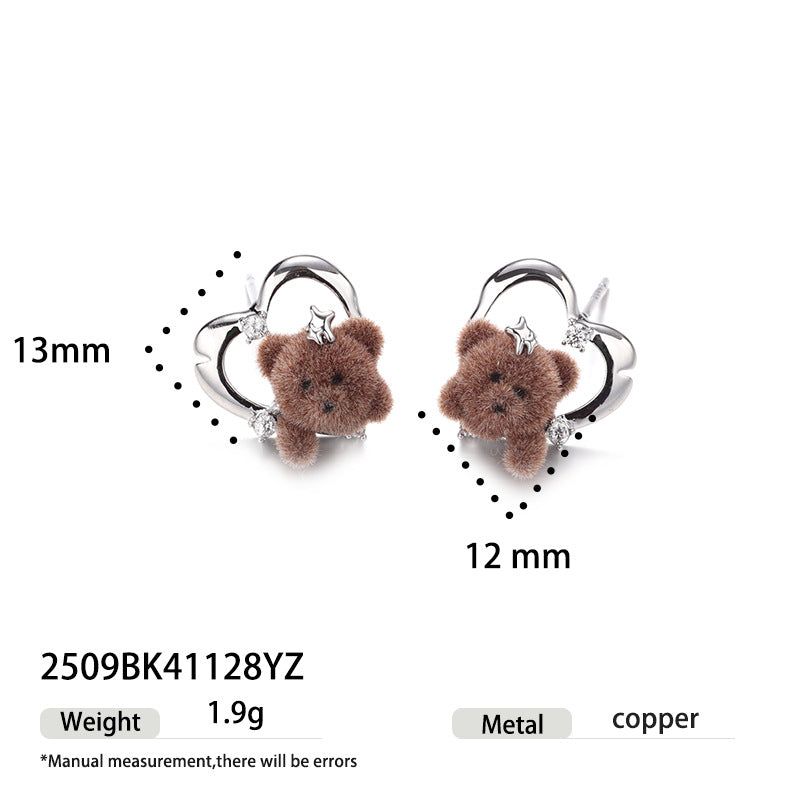 Wholesale 5 Pairs Brass Flocked Teddy Bear Heart Earrings Zircon Jewelry