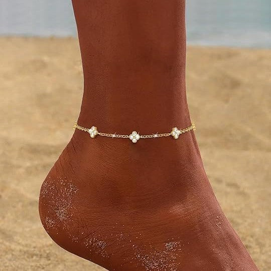Wholesale 5 Pcs Brass Heart Clover Anklet Zircon Gold Beach Jewelry