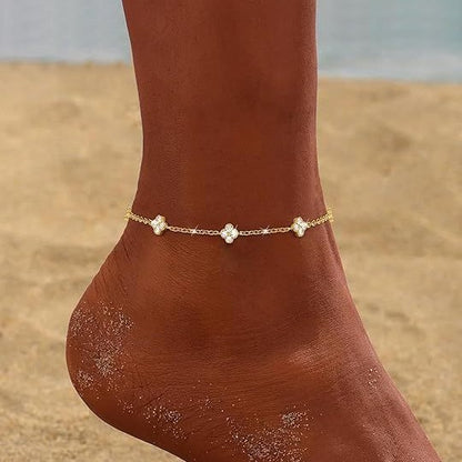Wholesale 5 Pcs Brass Heart Clover Anklet Zircon Gold Beach Jewelry