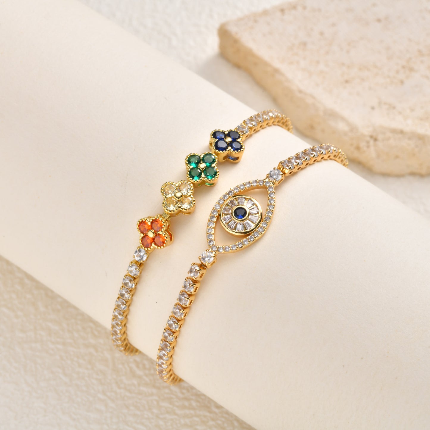Wholesale 5 Pcs Brass Evil Eye Clover Tennis Bracelet Zircon Gold