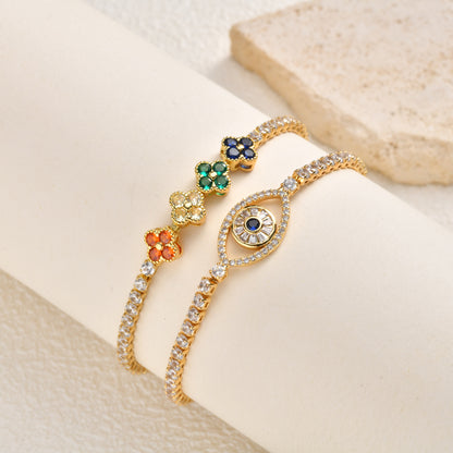Wholesale 5 Pcs Brass Evil Eye Clover Tennis Bracelet Zircon Gold