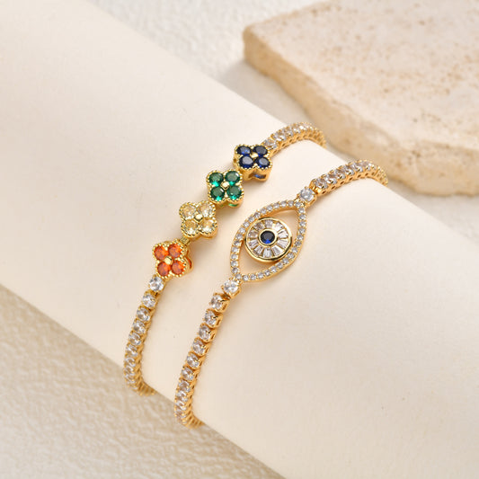 Wholesale 5 Pcs Brass Evil Eye Clover Tennis Bracelet Zircon Gold