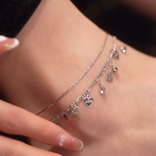 Wholesale 5 Pcs Brass Silver Double Layer Heart Anklet Zircon Love Charms