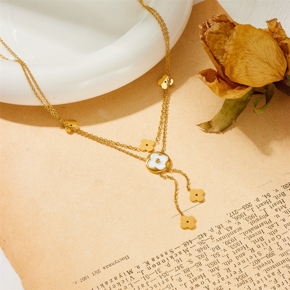 Wholesale 5 Pcs Stainless Steel Clover Necklace Shell Double Layered