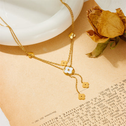 Wholesale 5 Pcs Stainless Steel Clover Necklace Shell Double Layered