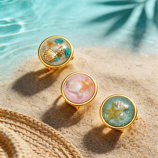 Wholesale 5 Pcs Stainless Steel Ocean Resin Ring Shell Starfish Jewelry