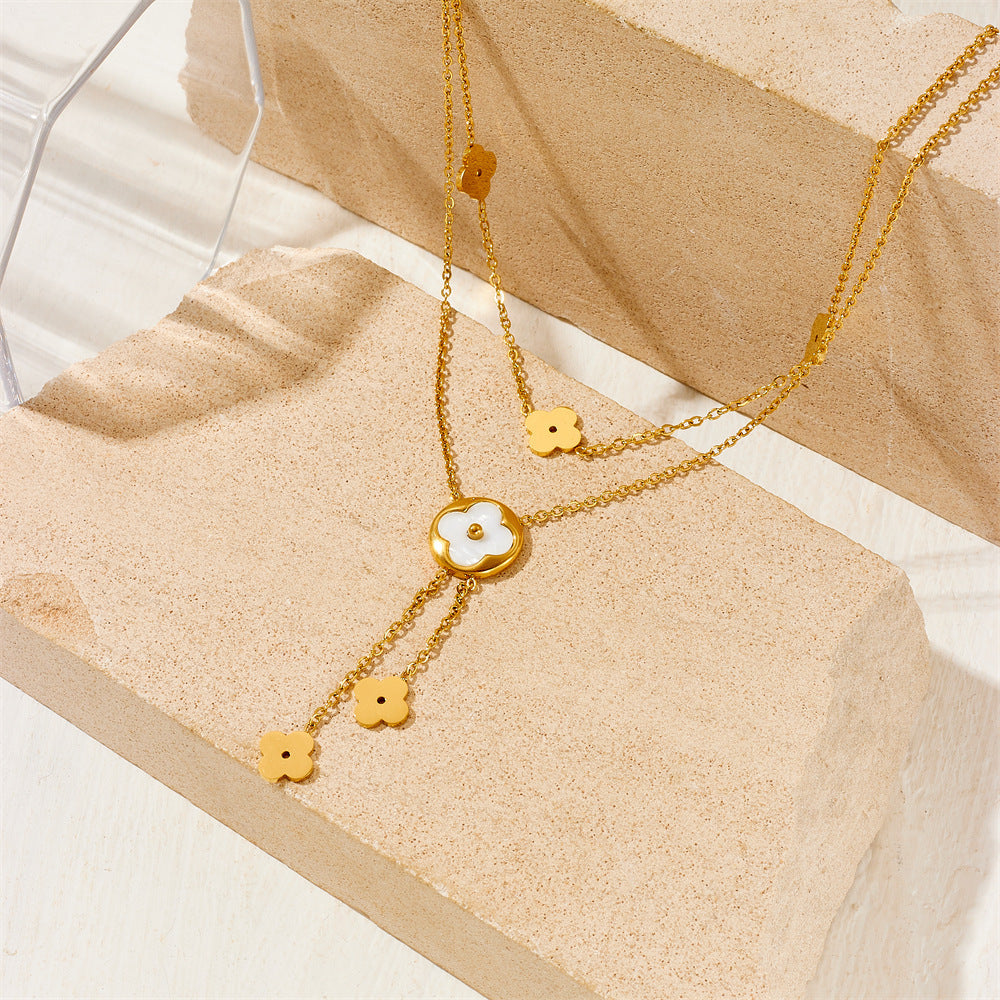 Wholesale 5 Pcs Stainless Steel Clover Necklace Shell Double Layered