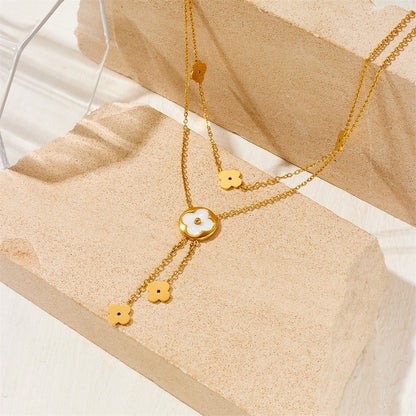 Wholesale 5 Pcs Stainless Steel Clover Necklace Shell Double Layered