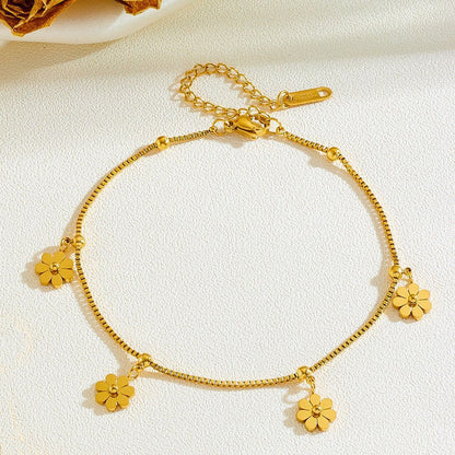 Floral Gold Anklet Set Waterproof Stainless Steel Daisy Foot Jewelry for Summer Beach