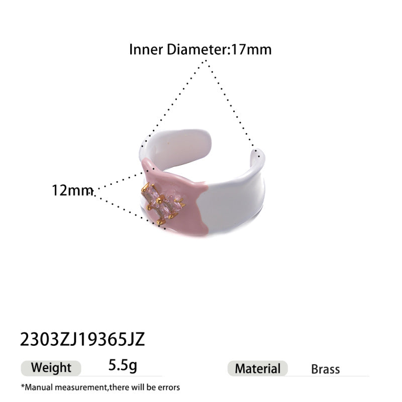 White and pink enamel wide band ring with pink crystal stones