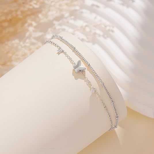 Wholesale 5 Pcs Brass Double Layer Anklets Butterfly Shell Heart Zircon