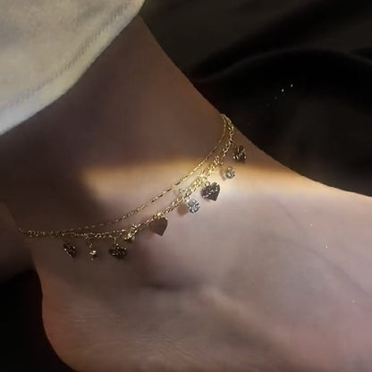 Wholesale 5 Pcs Brass Silver Double Layer Heart Anklet Zircon Love Charms