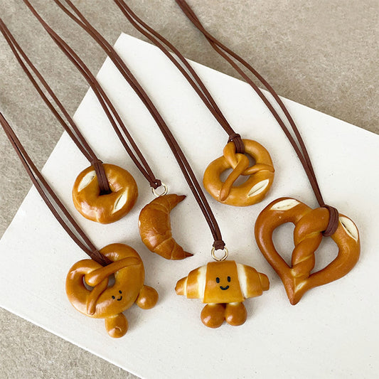 PU Bread Pendant Necklace Bag Charm Keychain Handmade Pretzel Croissant Bagel Wholesale Jewelry (5 pcs)