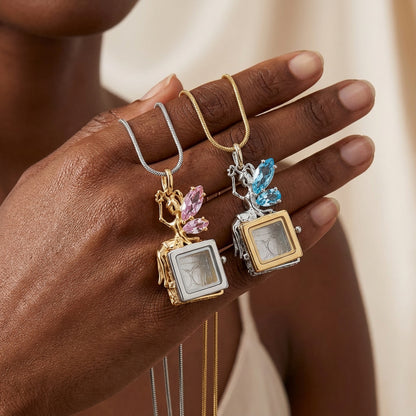 Vintage openable square box locket pendant necklace with blue butterfly crystal detail on gold tone chain