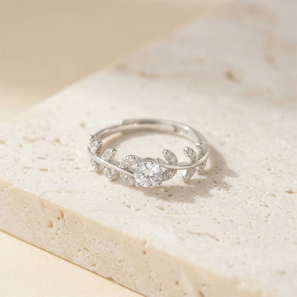 Adjustable sterling silver goddess ring featuring 5MM round zircon and leaf details