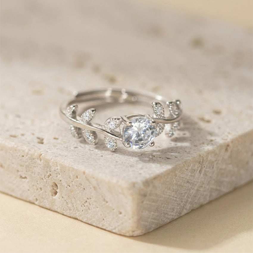  S925 sterling silver 5MM Quiet Luxury Goddess Ring with laurel leaf design and round zircon stone