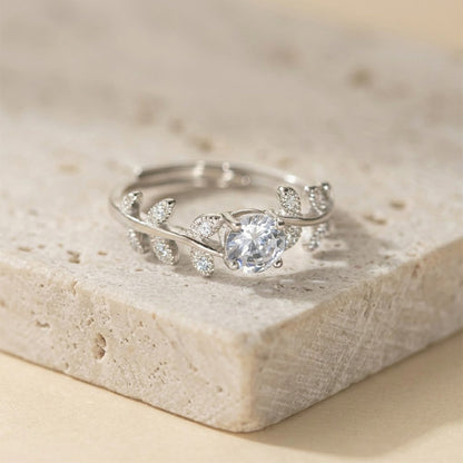  S925 sterling silver 5MM Quiet Luxury Goddess Ring with laurel leaf design and round zircon stone