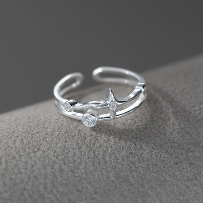 Woman wearing S925 sterling silver Cosmic North Star Ring with double layer celestial design