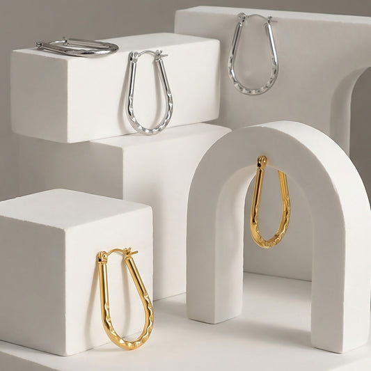 Textured U Shape Hoop Earrings Stainless Steel 18K Gold Plated 5 Pieces Set