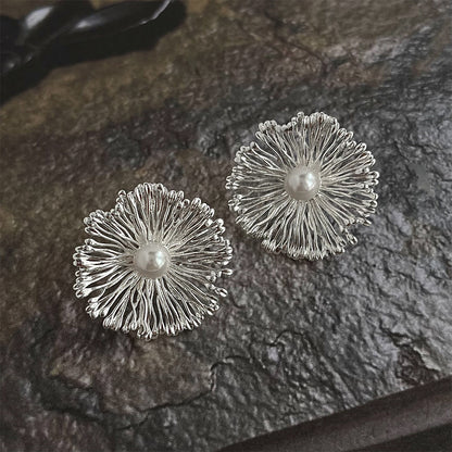 Pair of statement floral earrings with pearl center, 2025 trendy brass jewelry wholesale