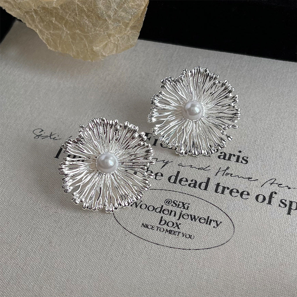 Statement floral earrings with pearl center, designer style brass jewelry wholesale