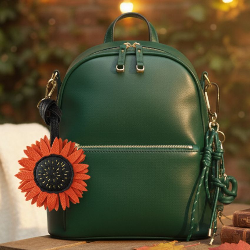 Sunflower bag charm wholesale PU leather keychain attached to green backpack as Christmas keychain gift and holiday gift for friends