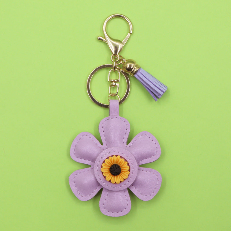 Sunflower PU Leather Keychain with Tassel Bag Charm Cute Gift Accessory Wholesale (5 pcs)