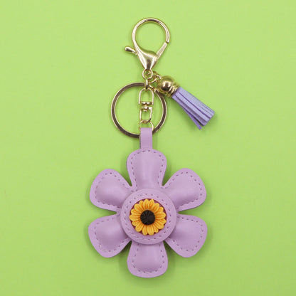 Sunflower PU Leather Keychain with Tassel Bag Charm Cute Gift Accessory Wholesale (5 pcs)