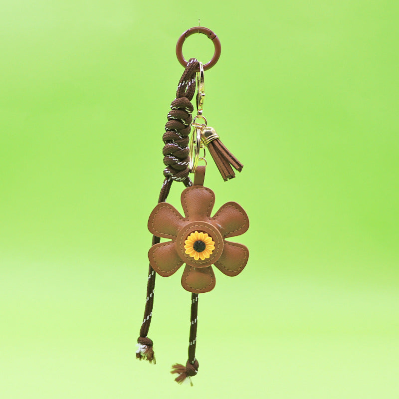 Sunflower PU Leather Keychain with Tassel Bag Charm Cute Gift Accessory Wholesale (5 pcs)