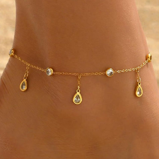Wholesale 5 Piece Stainless Steel Cubic Zirconia Teardrop Anklet Set Elegant
