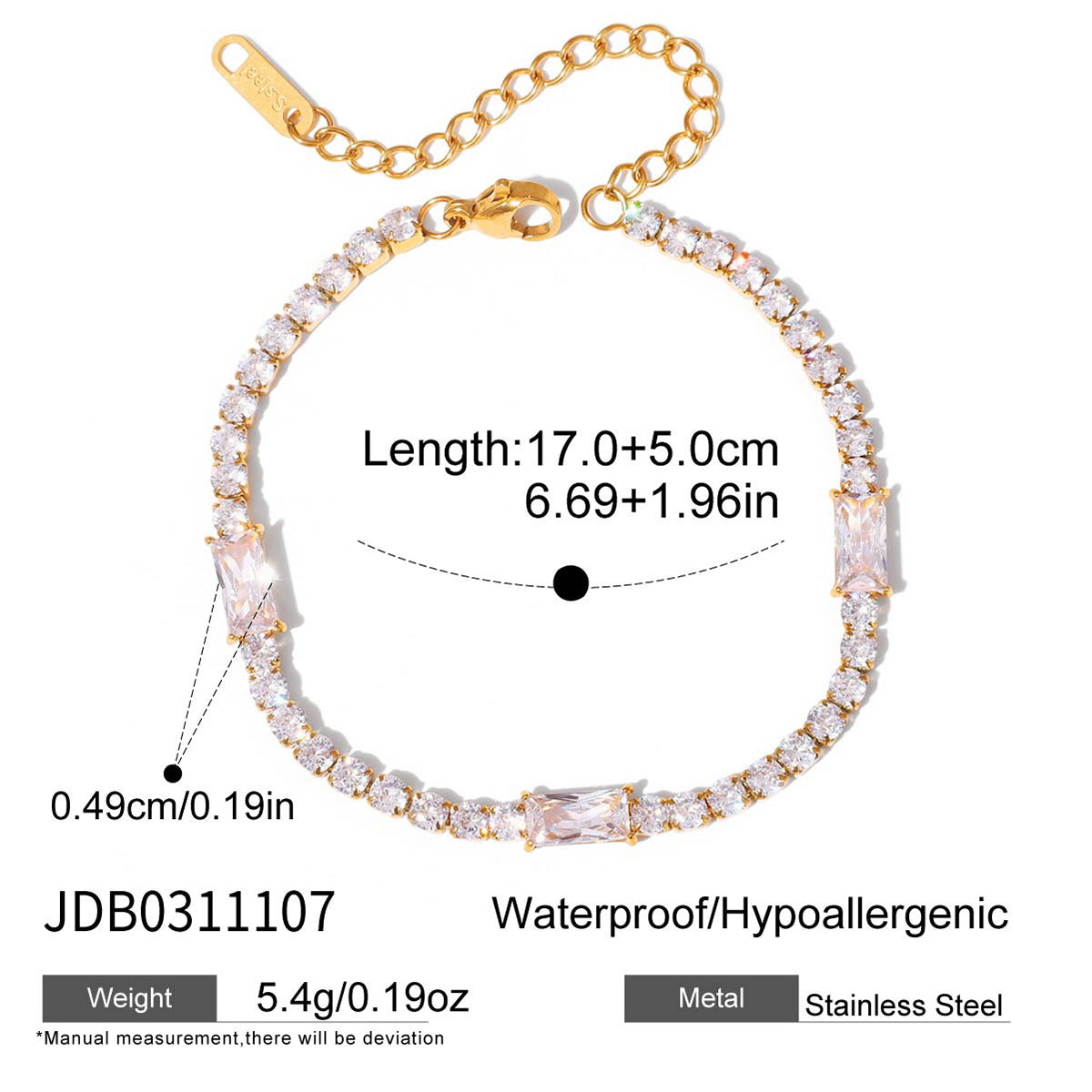 Gold plated tennis bracelet with baguette stone accents stainless steel wholesale