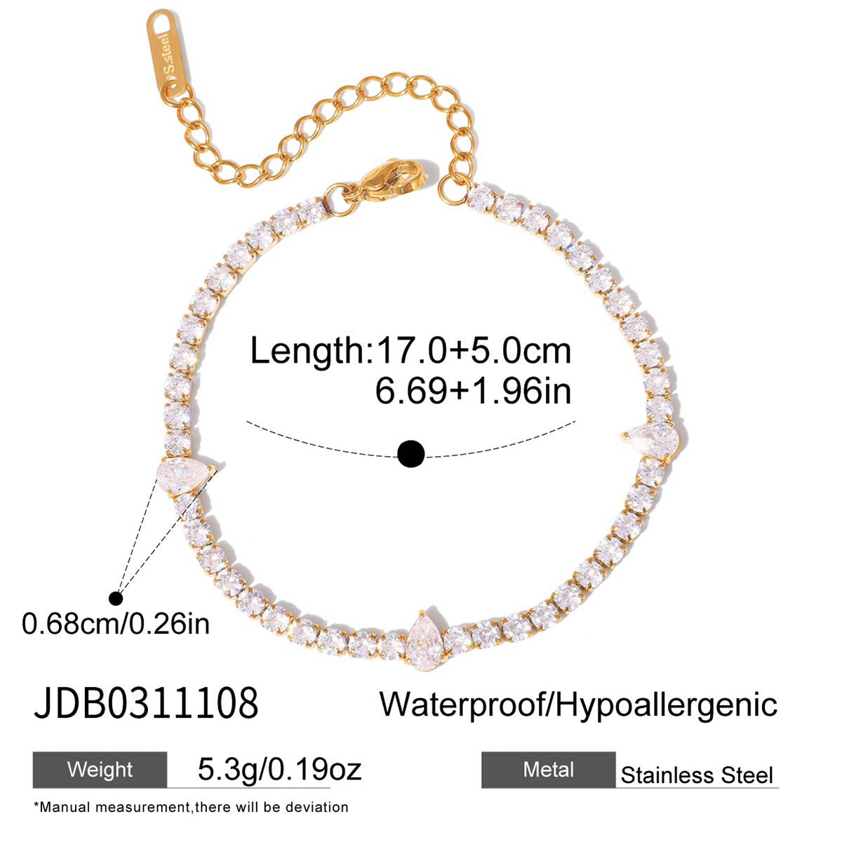 Gold plated tennis bracelet with pear stones stainless steel waterproof
