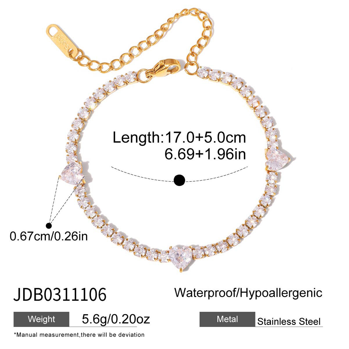Gold plated tennis bracelet with heart stones stainless steel hypoallergenic
