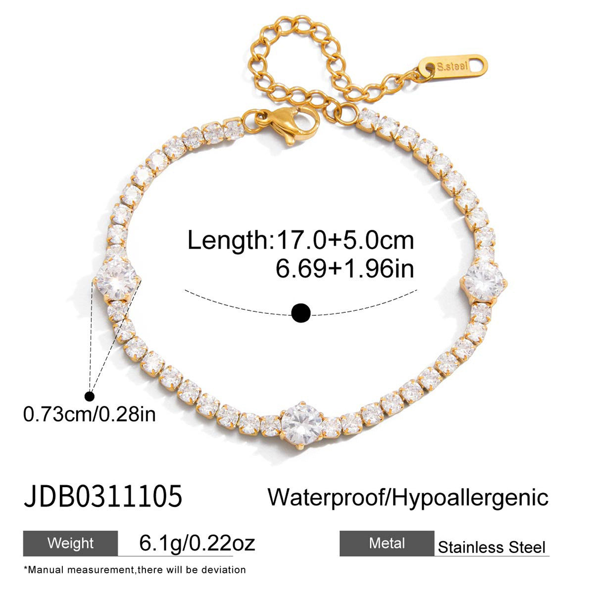 Gold plated tennis bracelet with clear stones size guide 17 cm with 5 cm extender