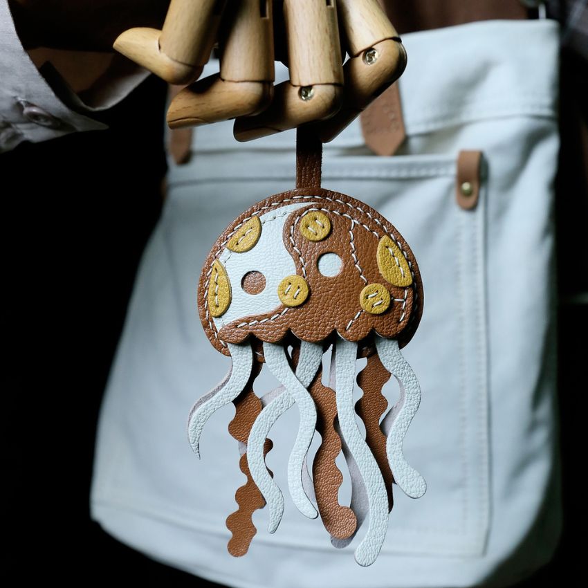 Handcrafted Sheepskin Leather Jellyfish Bag Charm Wholesale PU Leather Keychain Accessories ideal as handbag charm or fashion gift for girlfriend