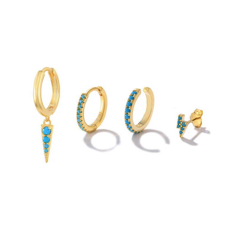 925 Sterling Silver Turquoise Lightning Bolt and Spiked Hoop Earring Five Piece Set