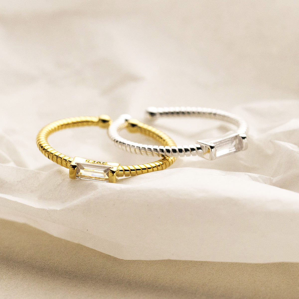 gold and silver Twisted Rope Rings with Rectangular Gemstone 925 Sterling Silver