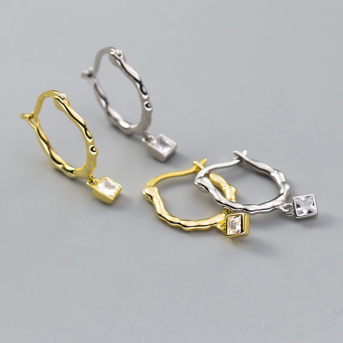 gold and silver Twisted Square-Cut Crystal Earrings