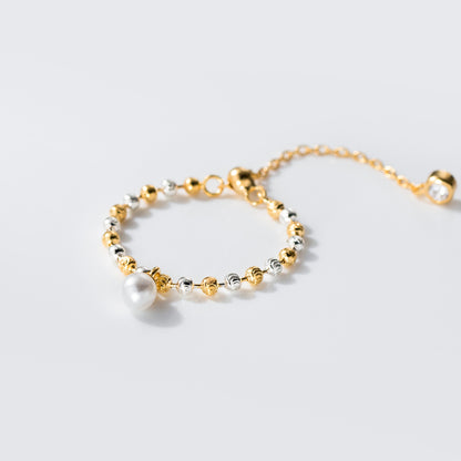 Two tone 925 sterling silver beaded pearl adjustable ring wholesale jewelry – gold and silver bead design with pearl charm