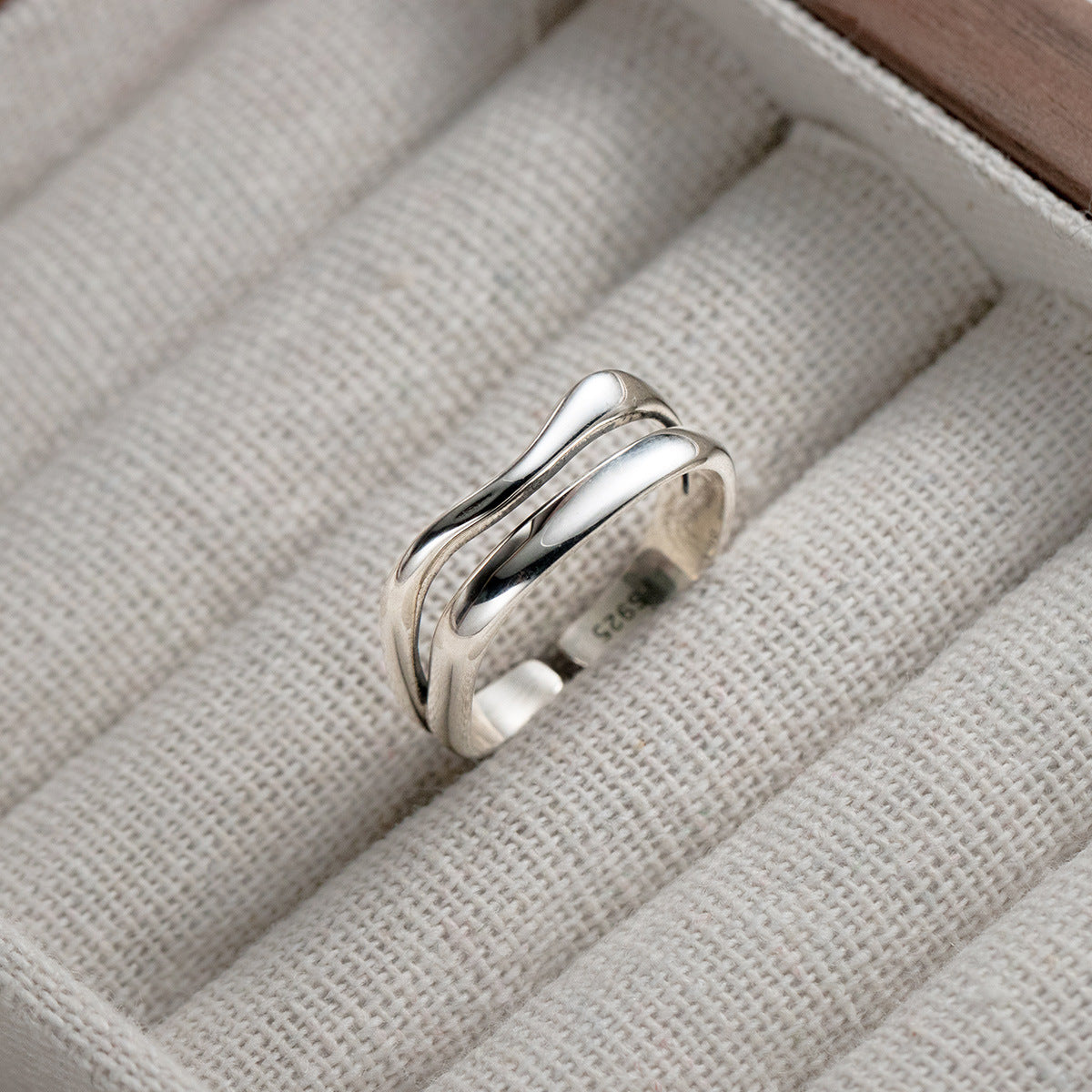 925 Sterling Silver Adjustable Open double wave Ring